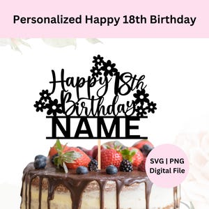 Topo de bolo personalizado de 18 anos em formato SVG | Download digital | Topo de bolo em formato SVG | Arquivo de corte SVG para Cricut | Placa de feliz aniversário de 18 anos