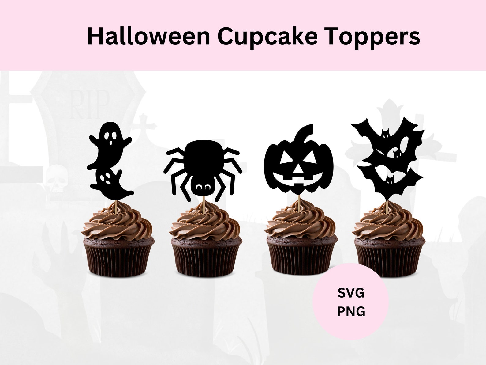 A Simple Black Silhouette Pick Digital Halloween topper preview with black witch, spider, pumpkin and bat shapes above cupcakes.