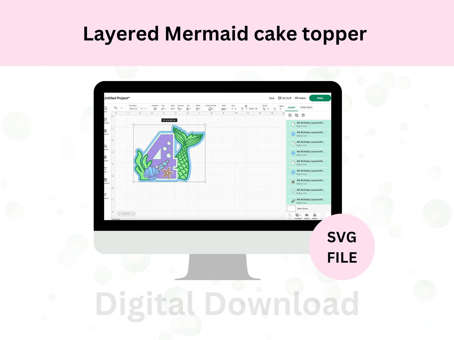 Mermaid Cake Topper Svg 4th Birthday Mermaid Svg SVG for Cricut Layered ...