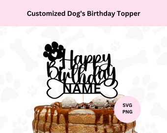 Puede incluir: Silueta en blanco y negro de un hueso de perro con las palabras "Feliz cumpleaños" y una huella de pata con un corazón. El hueso tiene un espacio para agregar un nombre. El topper está encima de un pastel con glaseado marrón.