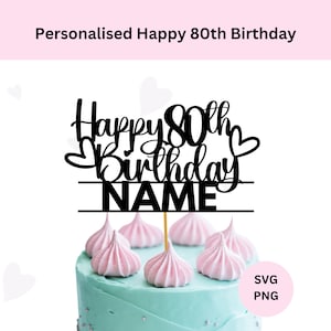 Fichier de coupe personnalisé joyeux 80e anniversaire, 80e décoration de gâteau avec espace pour ajouter du texte/nom, fichier SVG pour Cricut, téléchargement numérique