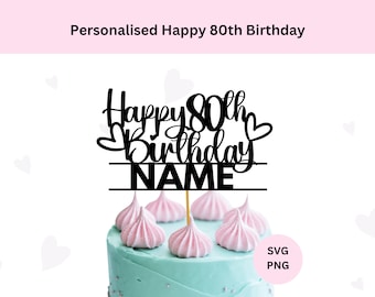 Personalised Happy 80th Birthday cut file,  80th cake topper with space to add text/name, SVG file for Cricut, digital download