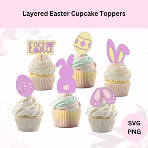 Gelaagde Pasen Cupcake Toppers Svg | Digitale download | Vrolijk Pasen | Paashaas | Paasei Svg | Taarttopper Svg Png | Paastopper
