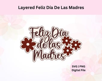 May include: Layered digital cut file design featuring the text "Feliz Dia de las Madres" in brown with stylised flowers. The design is perfect for creating cards, scrapbook pages, and other crafts.