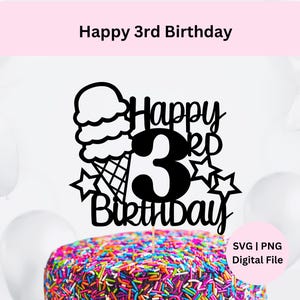 Happy 3.Geburtstag Kuchen Topper | Digitaler Download | Drei Kugeln Spaß-Geburtstags-Party | Eis Kuchen Topper | Eis Party Dekor