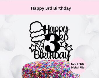 Topper per torta di buon 3° compleanno in formato SVG / Download digitale / Tre palline di divertimento per la festa di compleanno / Topper per torta di gelato / Decorazione per la festa del gelato