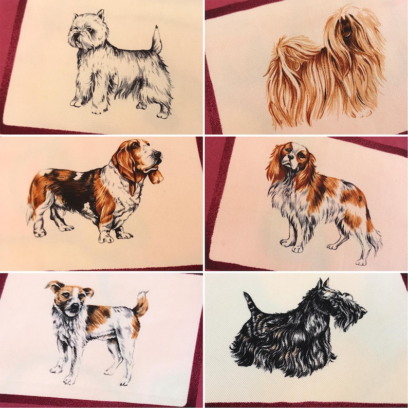 May include: A collage of six dog illustrations on cream-colored fabric squares. Breeds include a West Highland White Terrier, a Shih Tzu, a Basset Hound, a Cavalier King Charles Spaniel, a Jack Russell Terrier mix, and a Scottish Terrier.