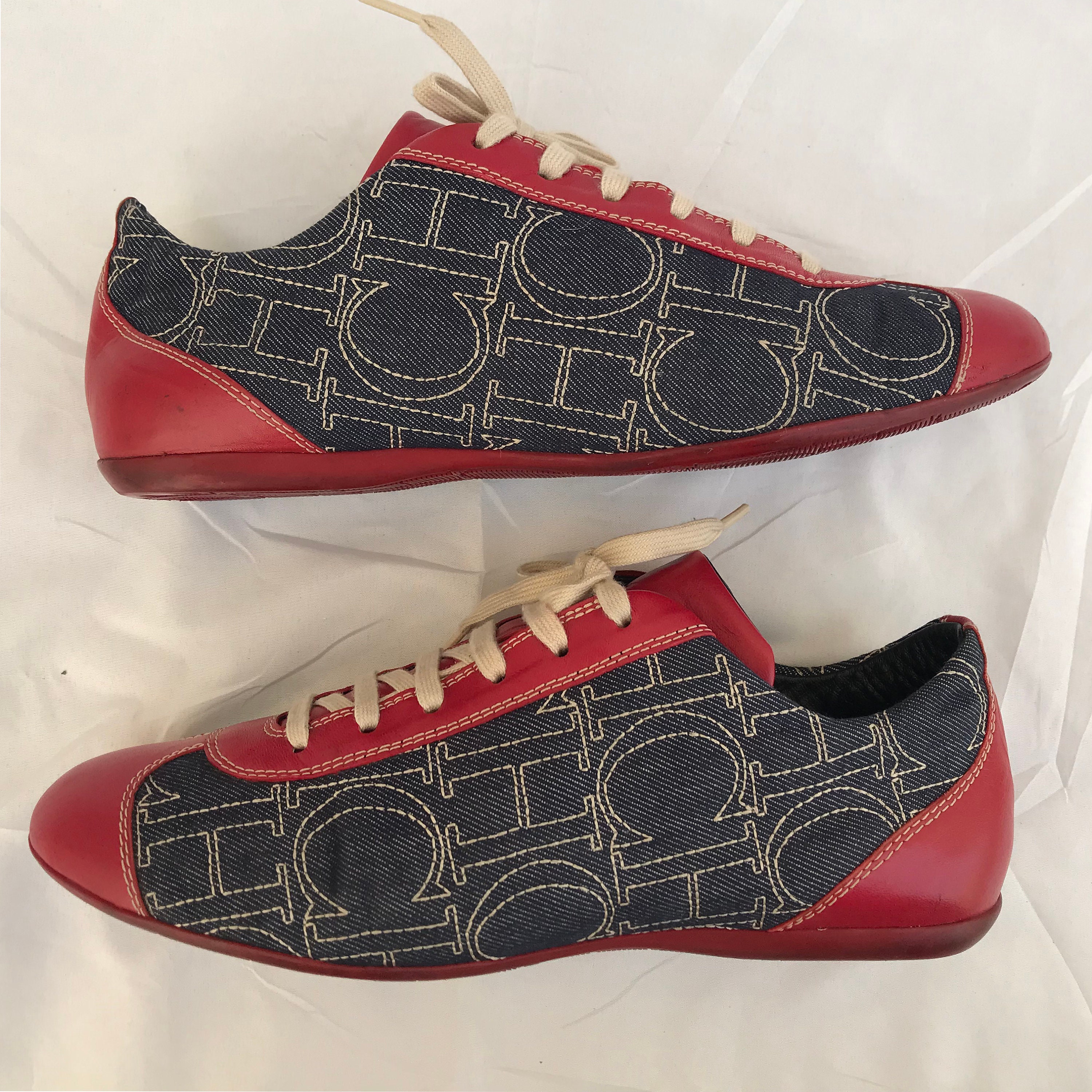 Carolina Herrera Women s Sneakers Low top Red Blue Leather Canvas Monogram EU 41 Made in Spain
