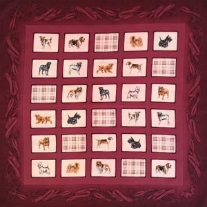 May include: A burgundy square scarf featuring a repeating pattern of dog illustrations within white frames. The scarf has a border of dog leashes and a plaid pattern. The dogs are of various breeds and colors.