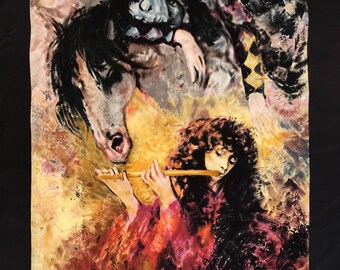 Cachecol vintage feminino de seda, cavalo e flautista, cachecol de seda dos anos 1980 assinado e datado, arte equestre, cachecol, presente para amantes de cavalos e flautas