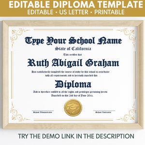 Editable High School Diploma, Homeschool Diploma Template, Certificate Template Keepsake, Custom GED Diploma