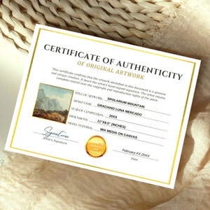 May include: Certificate of Authenticity for an original artwork titled "Spolarium Mountain" by Graciano Luna Mercado. The artwork was completed in 20XX and measures 11 inches by 8.5 inches. It is a mixed media piece on canvas.