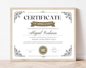 Editable Certificate of Appreciation Template, Canva Awards (Digital Download)