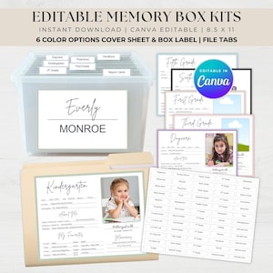 Editable Memory Box Starter Kit, File Cover Pages, Tabs & Box Label, Milestone Pages, Baby Keepsake File Box, School Year Questionnaire