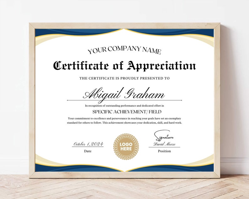 Certificate of Appreciation Template - Employee Recognition - Editable in Canva