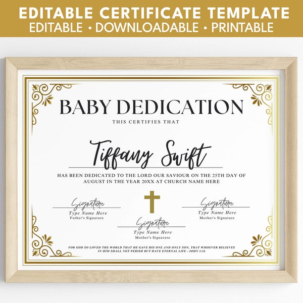 Baby Dedication Certificate, Baptism Certificate, Baby Dedication Gift, Child Dedication Certificate Canva Template, Editable Template