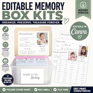 May include: An editable memory box kit for organizing school records, featuring a clear plastic storage bin with hanging file folders, labeled tabs, and printable document templates. The templates include sections for preschool, daycare, and kindergarten, with spaces for photos and personal details. The kit is designed for customization in Canva.