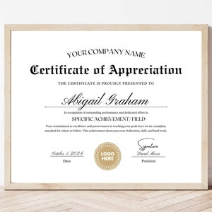 Certificate Of Appreciation, Canva Template, Editable Appreciation Award, Online Certificate, Printable Template, Instant Digital Download.