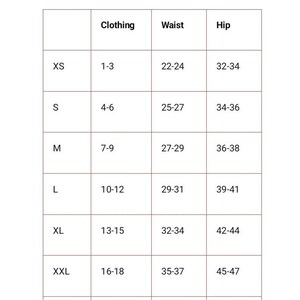 May include: A size chart for bottoms, showing clothing sizes XS through XXXL, with corresponding waist and hip measurements in inches.