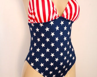 Stars and Stripes One Piece Swimsuit: Crossover Back, Tie Straps