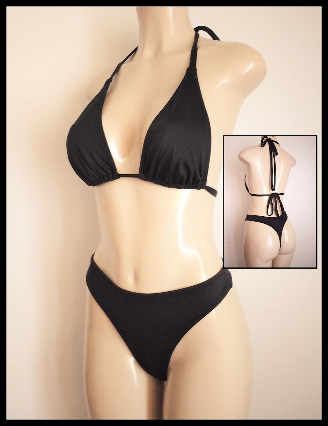 Long Triangle Bikini Top, Classic Swimwear Thong Bottom, Black Two ...