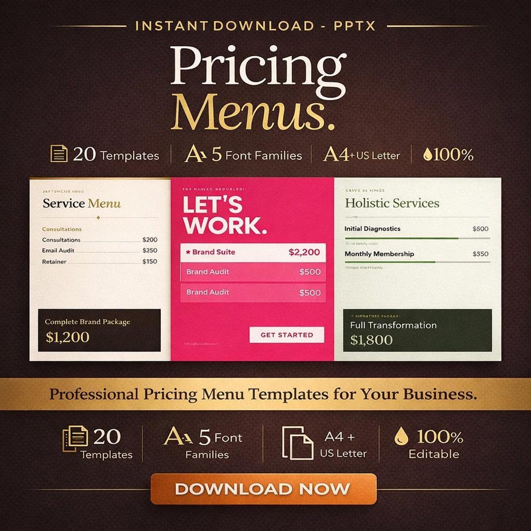 Pricing Menu Examples 20 Editable Pricing Menu Templates | Service Guide Pptx for Small ...