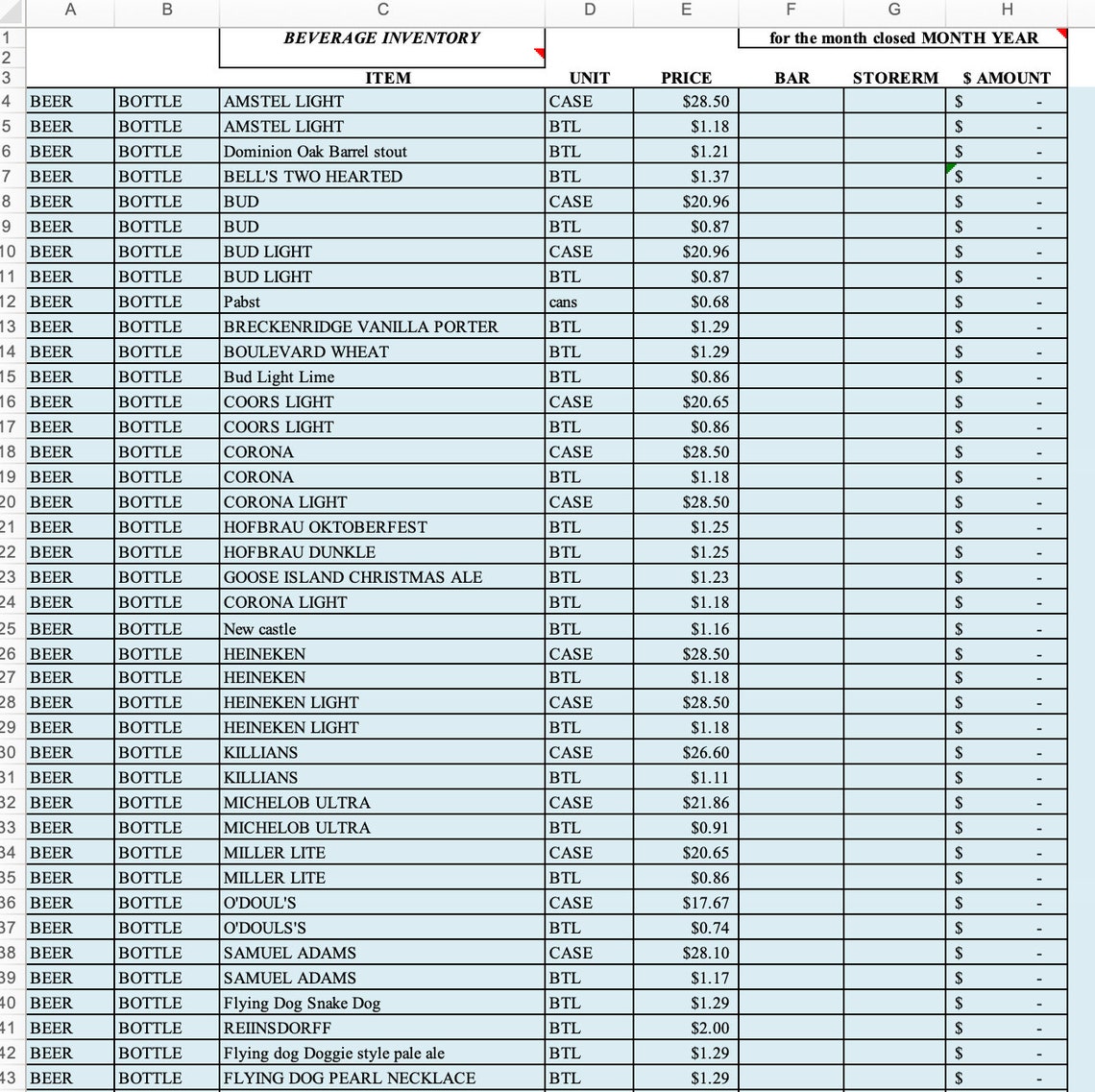 Monthly Bar Inventory Excel Template Beverage Cost Analysis Beer, Wine