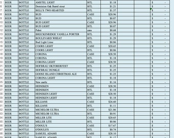 May include: A spreadsheet listing a beverage inventory with columns for item, unit, price, bar, storerm, and amount. The spreadsheet lists various beers, including Bud Light, Corona, Heineken, and Samuel Adams.