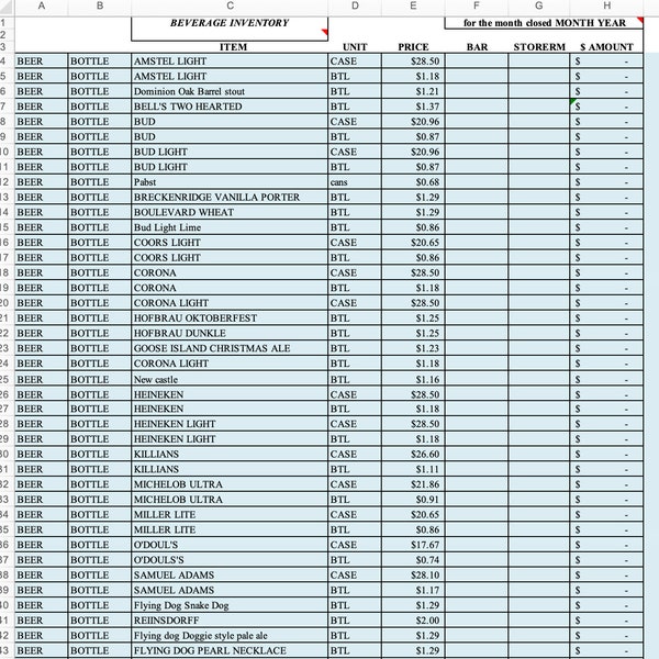 Monthly Bar Inventory Excel Template | Beverage Cost  Analysis | Beer, Wine, Liquor, Grocery | Customizable Spreadsheet | For Bar Managers