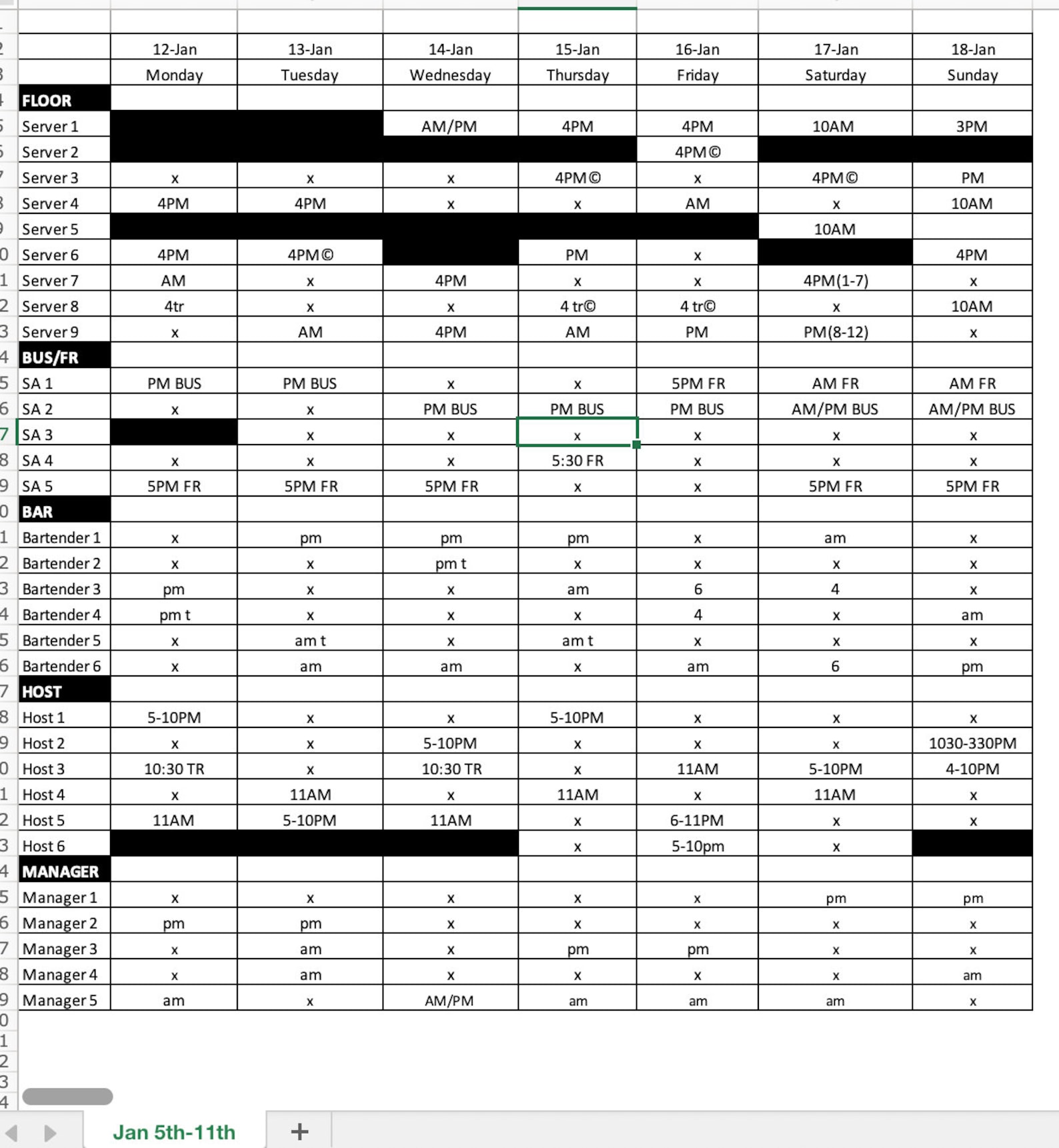 Restaurant Schedule Template Excel Spreadsheet for Bar and Etsy