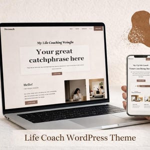 May include: A laptop and smartphone showcasing a website design. The laptop screen displays "My Life Coaching Weinglu" and "Your great catchphrase here." The smartphone mirrors the design. The text "Life Coach WordPress Theme" is at the bottom.