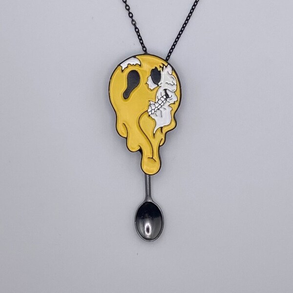 Melting Smiley Face Novelty Necklace | Mini/Small Spoon Novelty Pendant on Long Black Chain | Yellow Half Skull Trippy