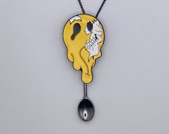 Melting Smiley Face Novelty Necklace | Mini/Small Spoon Novelty Pendant on Long Black Chain | Yellow Half Skull Trippy