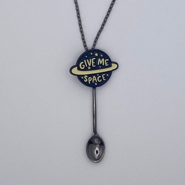 Black Planet 'Give Me Space' Novelty Small Spoon Necklace | Mini Pendant on Long Black Chain Space Man White Funny Witty