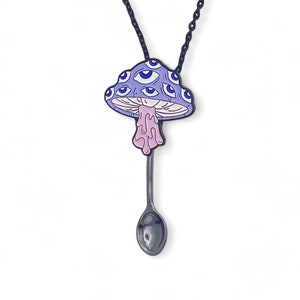 Mushroom with Eyes Mini Novelty Spoon Necklace | Novelty small spoon on Black Long Chain | White Purple Pink Trippy Psychedelic Magic