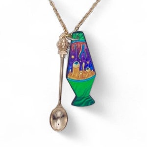 Lava Lamp with eyes Small Spoon Necklace | Mini Novelty Pendant on Gold Chain | Trippy Psychedelic Green Purple Eyes Acrylic
