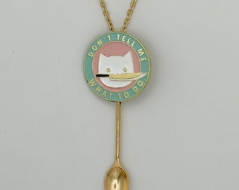 Funny Cat Small Spoon Necklace | ‘Don't Tell Me What To Do’ | Mini Novelty Pink Green Pendant on Gold Chain | Witty White Cat with Knife