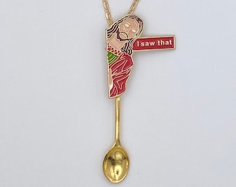 Funny Jesus Small Spoon Necklace | 'I Saw That' | Mini Spoon Novelty Pendant on Long Gold Chain | Religious Christ Christian Faith