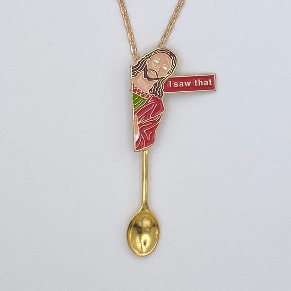 Funny Jesus Small Spoon Necklace | 'I Saw That' | Mini Spoon Novelty Pendant on Long Gold Chain | Religious Christ Christian Faith