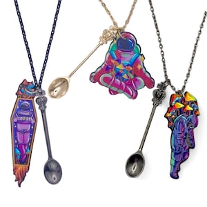 Astronaut Coffin Novelty Small Spoon Necklace | Mini Pendant on Black/Gold Chain Trippy Psychedelic Spaceman Mushrooms Purple Blue Flames