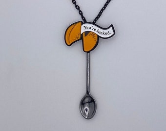 You're F*cked Fortune Cookie Small Spoon Necklace | Mini Novelty Pendant on Long Black Chain | Screwed Wrecked Lucky Funny Joke gift