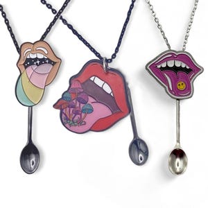Mouth with Rainbow Tongue Novelty Spoon Necklace | Mini/Small Novelty Pendant on Long Black Chain | Stars Space Red Lips