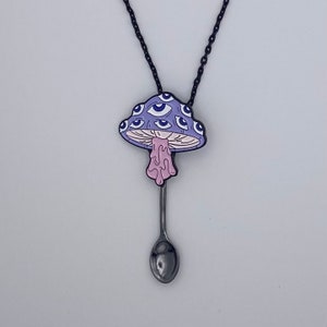 Mushroom with Eyes Mini Novelty Spoon Necklace | Novelty small spoon on Black Long Chain | White Purple Pink Trippy Psychedelic Magic