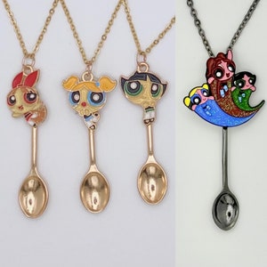 Powerpuff Girls Small Spoon Necklace | Mini Novelty Pendant on Gold Chain | Cute Bubbles, Blossom, Buttercup, Red Blue Green Glitter