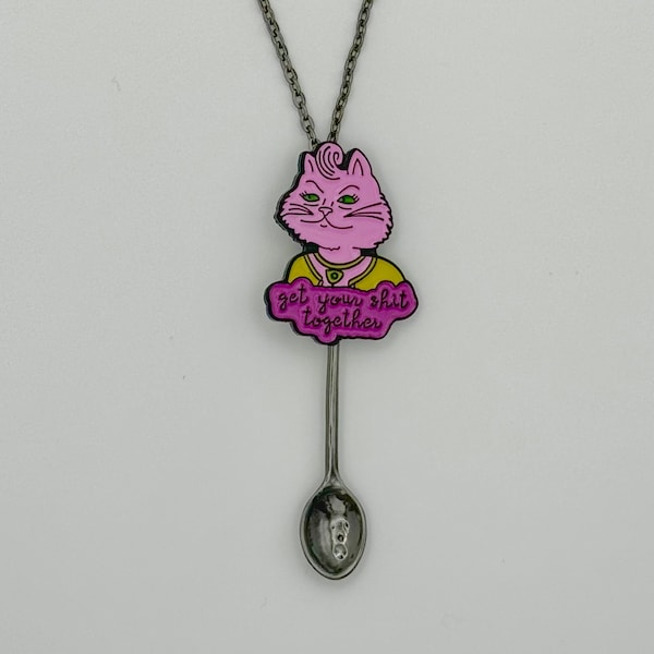 Princess Caroline Small Spoon Necklace | ‘Get your sh*t together’ Funny Mini Novelty Pink Cat Bojack Horseman Pendant on Black Chain