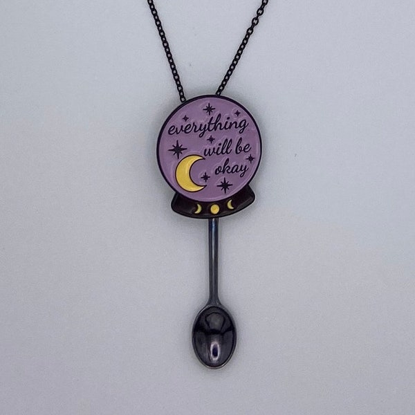 Purple 'Everything Will Be Okay' Novelty Mini Spoon Necklace | Small Novelty Crystal Ball Pendant on Black Chain | Positive Moon Stars