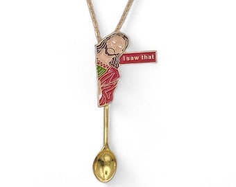 Funny Jesus Small Spoon Necklace | 'I Saw That' | Mini Spoon Novelty Pendant on Long Gold Chain | Religious Christ Christian Faith