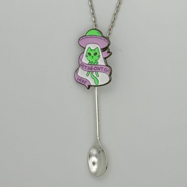 Alien Cat Small Spoon Necklace | 'Get Meowt of here' Cute Mini Novelty Pendant on Silver Chain | Abduction Stars Moon Space UFO pink green