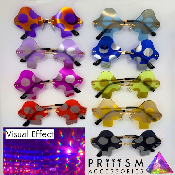 Rainbow Light-diffracting Glasses by PRiiiSM Accessories -Unisex Rimless Mushroom Eye wear Sunglasses with Visual Effects Purple Diffraction