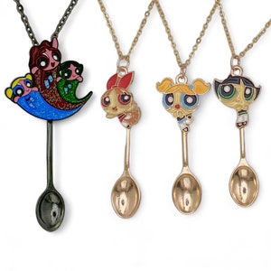 Powerpuff Girls Small Spoon Necklace | Mini Novelty Pendant on Gold Chain | Cute Bubbles, Blossom, Buttercup, Red Blue Green Glitter